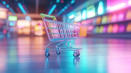 Colorful Shopping Cart on Bright Retail Store Floor Display