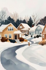 Charming snow-covered homes lining a tranquil winter pathway.