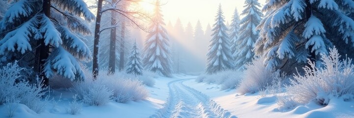 Fototapeta premium Frosty forest with snow-covered trees, sparkling ice, and a blanket of white fog, winter, snow, white