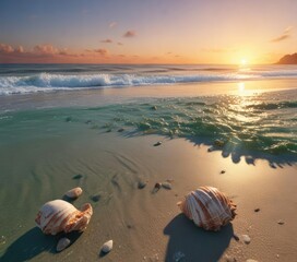 Obraz premium Seashell scattered on an emerald green beach at sunset, tranquil scene, sandy shoreline, golden sand