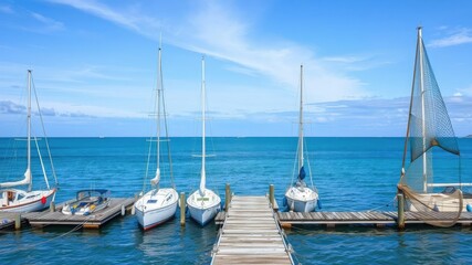 Seaside boat dock with sailboats and fishing nets, , sailboats, wooden boats