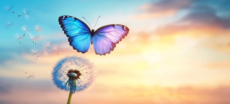 Fototapeta Natural pastel background, featuring a Morpho butterfly and dandelion, with dandelion seeds suspended in water droplets against a sunrise backdrop. Copy spaces