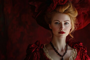 Fototapeta premium Elegant woman in vintage red dress with bold makeup and dramatic hat against a dark backdrop