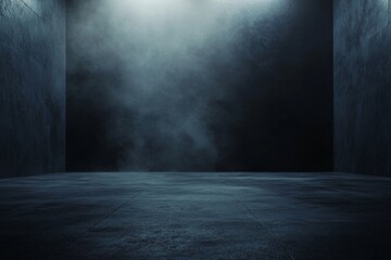 An empty space of a grungy concrete floor texture, filled with fog or mist, and enhanced with lighting effects