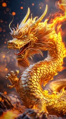 Obraz premium Majestic Golden Dragon Breathing Fire in Fantasy Setting