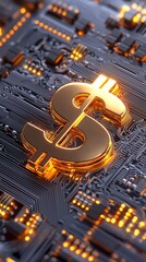 Golden Dollar Sign on Circuit Board with Glowing Elements