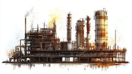 An oil and gas industry platform, complete with outbuildings, storage tanks, and infrastructure. Ideal for banners, posters, and promotional designs in vector format