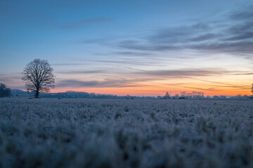 Sonnenaufgang an einem frostigen Wintermorgen