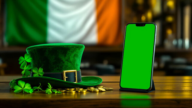 A leprechaun's hat, gold coins and shamrocks on a wooden table on the left, a chromakey phone screen with space for text on the right; an Irish pub on a blurred background; St Patrick's Day concept
