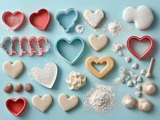 Fototapeta premium Heart-shaped cookie cutters with baking accessories displayed in flat-lay arrangement