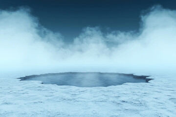 A serene icy landscape with a calm water body and misty atmosphere surrounding it.