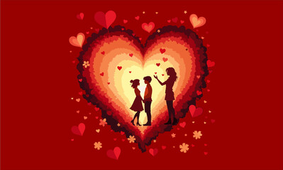 illustration of a couple with red beground love vector silhouette