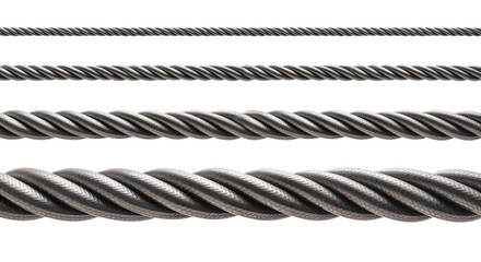 Four metallic steel cables showing different levels of tightening on white background