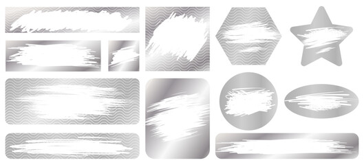 Silver scratch cards, scraped texture effect. Vector set of metallic scratch-off templates for lotteries, prize money, and discount coupons. Isolated on transparency background.