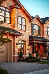 Fototapeta premium Luxury Brick Home Exterior at Dusk: Modern Architectural Design, Real Estate Photography
