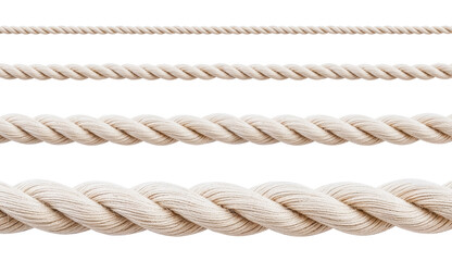Four twisted cotton ropes of different thicknesses lying horizontally on white background