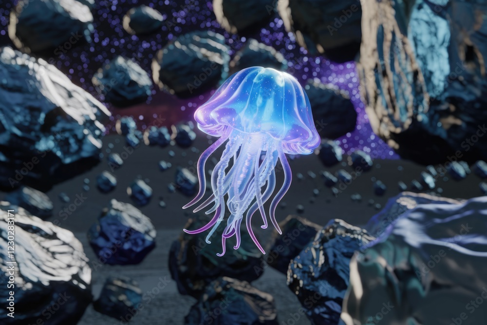 Poster a bioluminescent jellyfish floats amidst a field of asteroids in a cosmic scene.