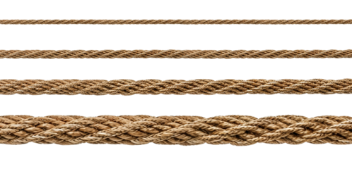 Four twisted manila ropes of different thicknesses lying horizontally on white background