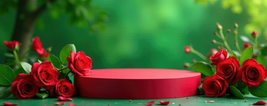 Rose-filled red podium against a serene green background, flowers, nature, scenery