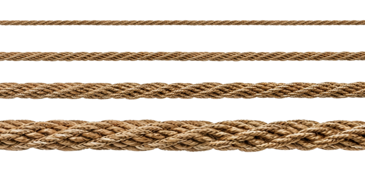 Four twisted manila ropes of different thicknesses lying horizontally on white background