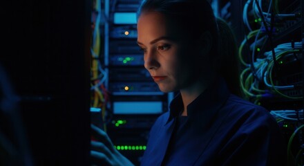 Woman working in a server room, focused on technology and data management