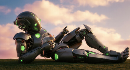 Futuristic robot lounging on a grassy hill under a colorful sky