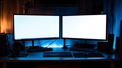 Naklejka premium with both screens blank on a modern ergonomic workstation 