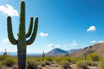 Saguaro cactus branches stretch towards the sky, native flora, arizona wildlife, flowering plants