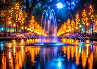 Magical Night Park Fountain: Colorful Bokeh Lights & Water Reflections