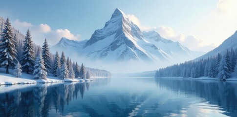 Fototapeta premium Serene mountain peak with snow-covered trees and a serene lake below, mountain, water, frozen