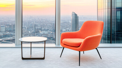 Fototapeta premium Modern lounge chair urban skyline interior design sunset view elegance