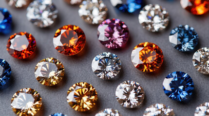 Colorful gemstones including diamonds, sapphires, and emeralds arranged beautifully