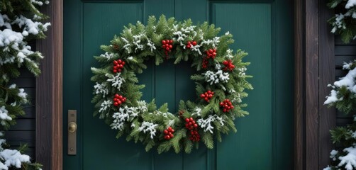 Naklejka premium Snow-covered evergreen wreath on dark green wooden door, snowy exterior, evergreen branch