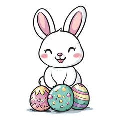 Adorable Easter bunny sitting on pastel-colored eggs, a symbol of springtime and new beginnings.