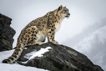 Obraz premium Snow leopard with ears perked up on black rock, perked up ears, , wilderness landscape, black rock