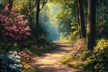 Obraz premium Serene Pathway Through Lush Forest with Colorful Flowers and Soft Sunlight Filtering Through Trees