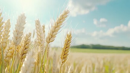 Fototapeta premium A golden field of wheat sways gently under a bright blue sky, showcasing the beauty of agriculture and nature.