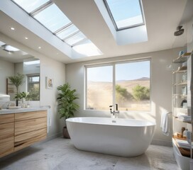 Soaking tub under a skylight in a bright and airy bathroom, peaceful, bright, relaxing