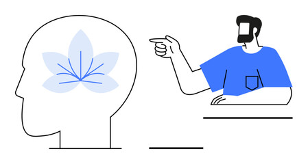 Human head outline with flower inside represents mindfulness. Person pointing conveys direction or instruction. Ideal for mindfulness, self-awareness, mental clarity, focus, learning, mental health