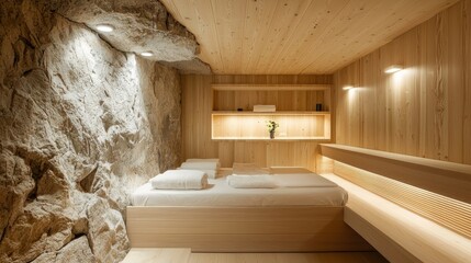 Serene Mountain Cabin Bedroom Modern Minimalist Design with Stone Wall