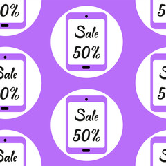Discount event showcasing various tablet designs with prominent sale messages on a purple background