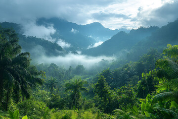 Fototapeta premium Misty Mountains and Lush Tropical Rainforest Valley