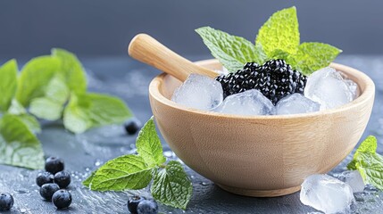 A stylish bowl contains black caviar on ice, surrounded by fresh mint leaves and blueberries, creating an elegant culinary presentation.