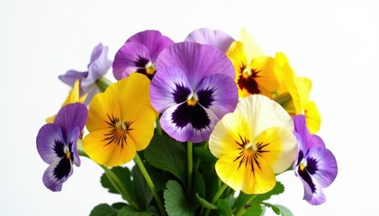 A bundle of pansy flowers with varied shapes and colors against a clean white backdrop, isolated, color