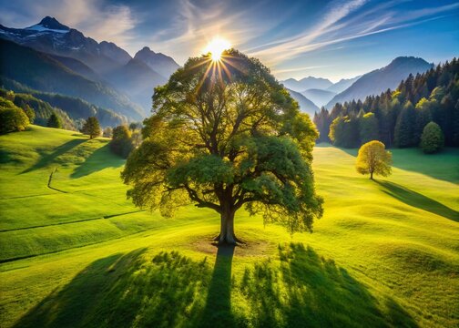 Majestic Blautanne Tree in Alpine Meadow - Copy Space for Text