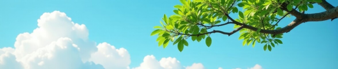 Fototapeta premium A curved white acacia branch hanging from a cloud, sky, green, cloud