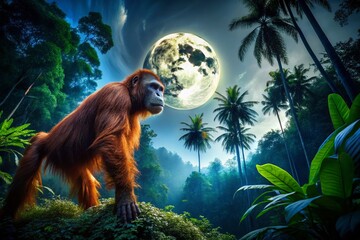 Obraz premium Majestic Bornean Orangutan at Night in Sarawak Jungle, Malaysia