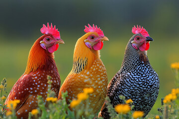 Fototapeta premium Three hens sit amidst yellow wildflowers in a field