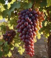 Soft morning light illuminates clusters of ripe grapes on the vine , the, illuminates