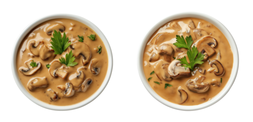 Mushroom gravy in white bowl top view isolated on white or transparent background